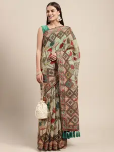 VASTRANAND Cream-Coloured & Multicoloured Kalamkari Sequinned Linen Blend Block Print Saree