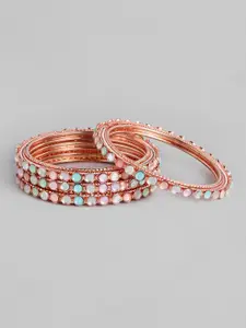 AccessHer Set of 4 Multicoloured Rose Gold-Plated Artificial Stone Studded Bangles