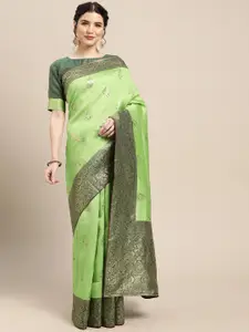Saree mall Green & Gold-Toned Floral Banarasi Saree