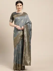 Saree mall Grey & Gold-Toned Floral Silk Blend Banarasi Saree