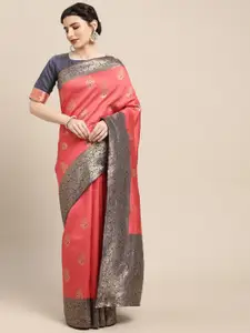Saree mall Pink & Gold-Toned Floral Banarasi Saree