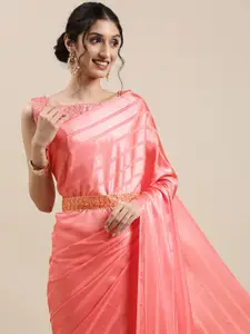 Saree mall Pink Self Design Striped Satin Sarees
