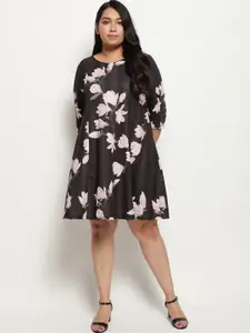 Amydus Women Plus Size Black & Off-White Floral Printed Striped Dress