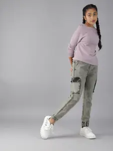 UTH by Roadster Girls Grey Jogger Heavy Fade Stretchable Cargo Style Jeans