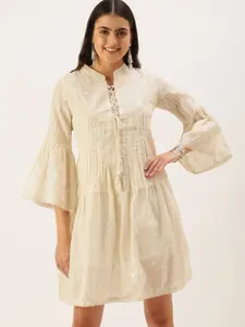 Saanjh Women Off-White Polka-Dot Print Cotton A-Line Dress