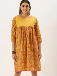 Saanjh Women Mustard Yellow & Pink Floral Cotton Empire Dress