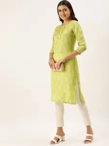 Saanjh Women Lime Green & White Ethnic Motifs Printed Straight Kurta