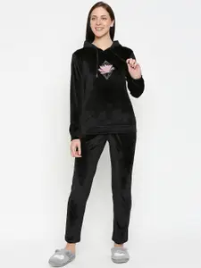 XIN Women Black Printed Hoodie Night suit