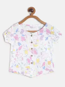 TALES & STORIES Girls White & Pink Print Pure Cotton Top
