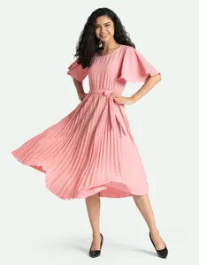 AASK Pink Crepe Midi A-Line Dress