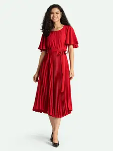AASK Red Flared Sleeves Crepe Midi Dress