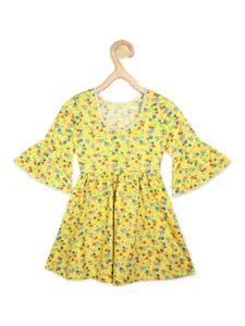 Allen Solly Junior Girls Yellow & Multicoloured Floral Bell Sleeves Pure Cotton Dress