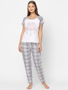 MAYSIXTY Women Cotton Grey & White Checked Printed Night suit