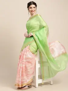 Geroo Jaipur Green & Peach-Coloured Bandhani Art Silk Saree