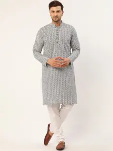 Jompers Men Grey Floral Embroidered Chikankari Pure Cotton Kurta with Churidar