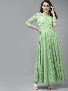 PANIT Green & Yellow Floral Georgette Maxi Ethnic Dress