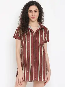 La Intimo Women Brown & Off-White Striped Longline Pure Cotton Shirt Nightdress