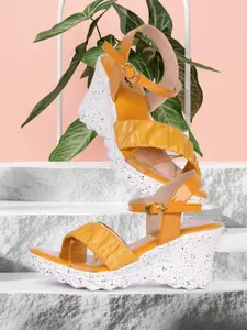 ZAPATOZ Yellow Textured PU Wedge Pumps With Buckles