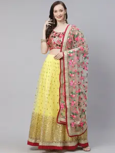 Readiprint Fashions Yellow & Pink Embroidered Sequinned Semi-Stitched Lehenga & Unstitched Blouse With