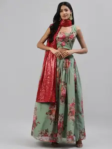 Readiprint Fashions Green & Red Printed Sequinned Semi-Stitched Lehenga & Unstitched Blouse With Dupatta
