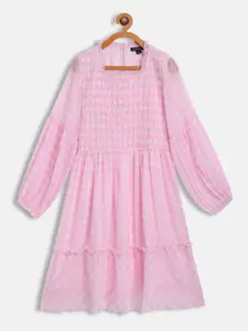 Antheaa Pink & White Checked Chiffon Dress