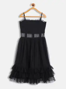 Antheaa Black Net A-Line Tiered Dress
