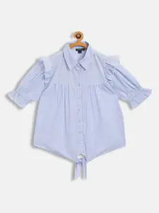 Antheaa Blue & White Striped Front Tie-Up Shirt Style Top