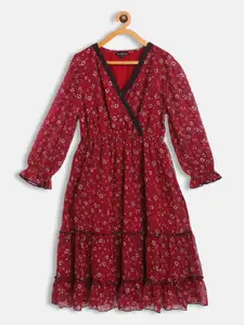 Antheaa Red & White Floral Chiffon A-Line Dress