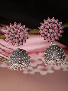 Shining Diva Pink-Toned & Silver-Plated AD-Studded Contemporary Jhumkas Earrings