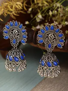 Shining Diva Silver-Toned & Blue Contemporary Jhumkas Earrings