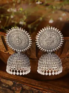 Shining Diva Silver-Plated Oxidised Contemporary Jhumkas Earrings