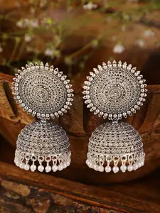 Shining Diva Silver-Plated Oxidised Contemporary Jhumkas Earrings