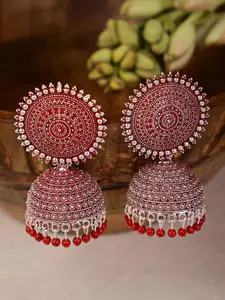 Shining Diva Red & Silver-Toned Dome Shaped Jhumkas Earrings