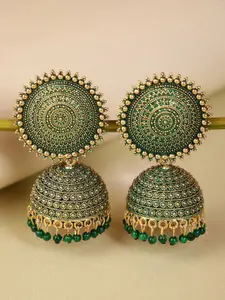 Shining Diva Gold-Toned & Green Contemporary Jhumkas Earrings