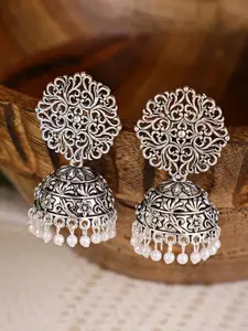 Shining Diva Silver-Toned & White Contemporary Jhumkas Earrings