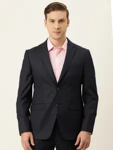 Peter England Men Navy Blue & Grey Checked Neo Slim Fit Single-Breasted Formal Blazer