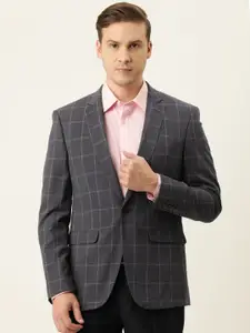 Peter England Men Charcoal Black & White Checked Neo Slim Fit Single Breasted Blazers