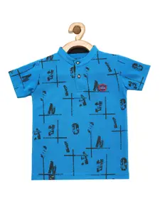 earth conscious Boys Blue & Black Printed Mandarin Collar Pure Cotton T-shirt