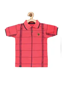 earth conscious Boys Peach-Coloured Checked Polo Collar Applique T-shirt