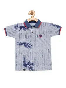 earth conscious Boys Grey Biker Printed Polo Collar Relaxed-Fit Pure Cotton T-shirt