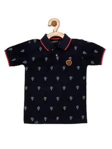 earth conscious Boys Navy Blue Printed Polo Collar Pure Cotton Regular Fit T-shirt
