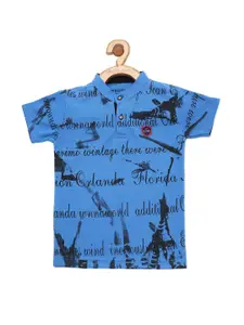 earth conscious Boys Blue Typography Printed Henley Neck Cotton T-shirt