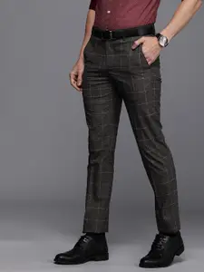 Louis Philippe Men Grey And White Checked Slim Fit Mid-Rise Formal Trousers