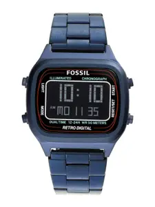 Fossil Men Black Dial & Blue Stainless Steel Bracelet Style Straps Digital Watch FS5896