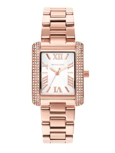 Michael Kors Women White Dial & Rose Gold-Plated Stainless Steel Bracelet Style Straps Analogue Watch