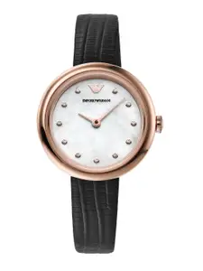 Emporio Armani Women Rose Gold Dial & Black Leather Straps Analogue Wrist Watch