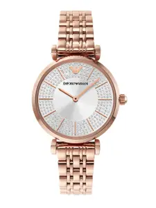 Emporio Armani Women Silver-Toned Embellished Dial & Rose Gold-Plated Stainless Steel Bracelet Style Straps Watch