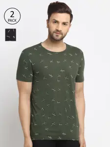 MACK JONNEY Men Olive Green & Black Set Of 2 Printed T-shirt