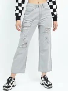 Tokyo Talkies Women Grey Wide Leg Highly Distressed Cropped Jeans