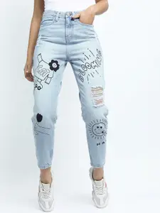 Tokyo Talkies Women Blue Mom Fit Mid-Rise Clean look Heavy Fade Printed Jeans